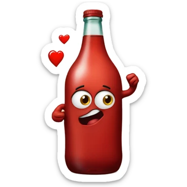 A red heart ❤️ with eyes, a mouth, and hands, looking tipsy and drunk, holding a bottle of drink in one hand, with a playful, wobbly expression sticker