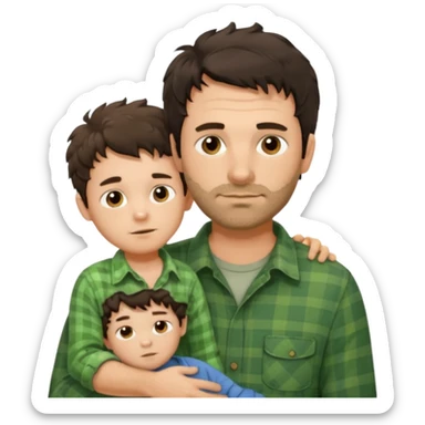 A father with messy medium-length dark hair and light stubble, wearing a green flannel shirt. He holds his one child who has short curly brown hair and a cream-colored romper. Cozy warm lighting, authentic family moment. sticker