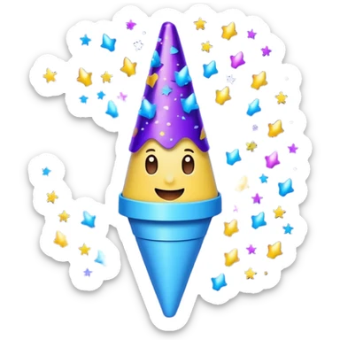 Emoji with glowing cone-shaped confetti popper, purple and blue colors emitting confetti and glitter, creating a bright festive atmosphere sticker
