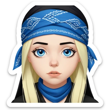 billie eilish blue eyes long black hair dark eyeliner makeup, wearing bandana sticker