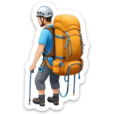 Icon for Mountain Tourism and Climbing: a mountain peak in the background, climbing gear and backpack. The icon should capture the adventure and challenge of alpine exploration. Transparent background. sticker