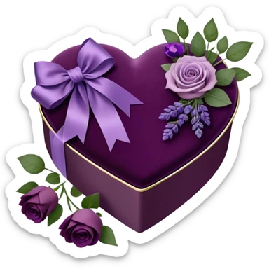 A vintage-inspired heart-shaped velvet box, wrapped with a rich plum silk ribbon, rests beside a delicate arrangement of soft purple roses, lavender sprigs, and dark amethyst pansies. Under the moonlight, tiny silver stars glimmer on the box’s lid, reflecting the romantic glow of an ornate candlestick standing nearby. sticker