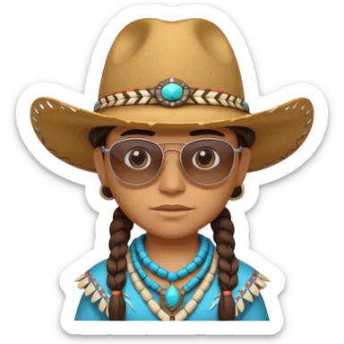 cute Indigenous tribal character portrait, head and shoulders only, cowboy hat, sunglasses, tribal accessories, confident expression, 3D cartoon, mobile game icon style, clean background, no text, no watermark
 sticker