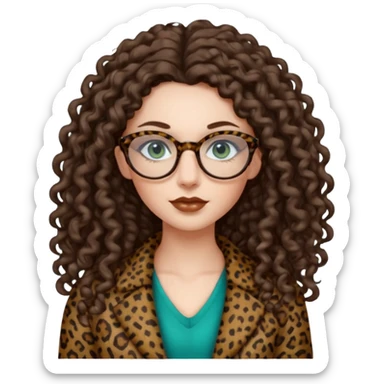 a blue green eyed woman with very very long brunette curly hair, full lips,and pale skin. She is wearing a leopard printed thin round-ish glasses . She is wearing brown clothes. sticker