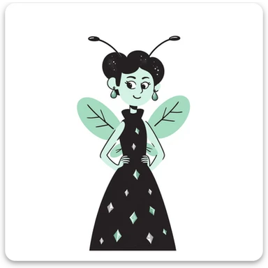 Mint green woman bee character with diamond decorations, rhinestone jewelry, and glittery sparkly details sticker