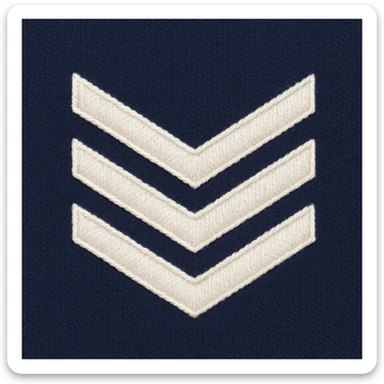 Make this U.S. Navy Seaman (E-3) insignia look more realistic with an authentic navy blue uniform background. The insignia should have three white diagonal stripes, detailed and accurate, resembling the official U.S. Navy Seaman (E-3) rank insignia. Focus on realism and authenticity in the design and colors. sticker