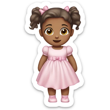 Little Baby Girl with light white skin, brown eyes. Dark hair in two ponytails, with light pink bows.  She is wearing a light pink and White dress, standing and holding a teddybear with a pink bow. Only showing up to her waist sticker