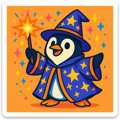 penguin wizard casting a spell with sparkles and a starry robe, colorful cartoon style sticker