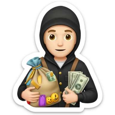 white man dressed as a robber, holding a sack of money, simple emoji style sticker