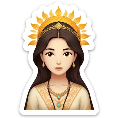 Cinematic Radiant Pocahontas Portrait Emoji, rendered in a vector-style with clean lines. Show Pocahontas with luminous, sun-kissed skin and flowing dark hair adorned with subtle natural ornaments, her expression calm and kind, dressed in simple traditional attire with earthy tones. The image glows softly with a warm, inviting radiance, enhanced by a soft glowing outline. sticker