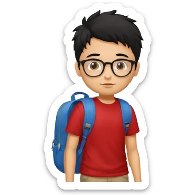 generate a pretty tan bratz boy with glasses and a backpack. black messy hair. wearing a red tshirt. sticker