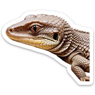 Meme-Worthy cute Sleeping brown camo spotted monitor Lizard Portrait Emoji, Head resting peacefully with a contented smile, showcasing intricately patterned scales and eyes gently closed in serene slumber, Simplified yet comically adorable features, highly detailed, glowing with a soft, drowsy earthy light, high shine, relaxed and utterly lovable, stylized with an air of playful laziness, bright and heartwarming, soft glowing outline, capturing the essence of a sleeping reptilian guardian that feels destined to become the next viral icon of adorable rest! sticker