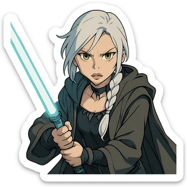  a closeup portrait of young woman with gold yellow eyes, white hair, long braid, black off-shoulder top, punk gothic style, futuristic cyberwave cyberpunk,  jedi attire and posture robes of a padawan, foreweilding a bright blue-green lightsaber, angry fierce face expression, power stance, wide angle shot sticker