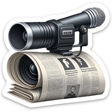 An icon featuring a microphone, a newspaper, a professional camera Nikon D5, representing journalism and mass media. The design includes headlines and imagery, symbolizing the spread of news and information. Transparent background highlights the power of communication and media. sticker