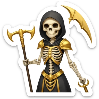 feminine skeleton grim reaper in a gold with scythe sticker