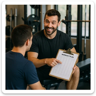 Personal trainer in a gym, inspired by the person in the reference photo, explaining a workout plan to a seated client, with a motivating and friendly atmosphere. sticker