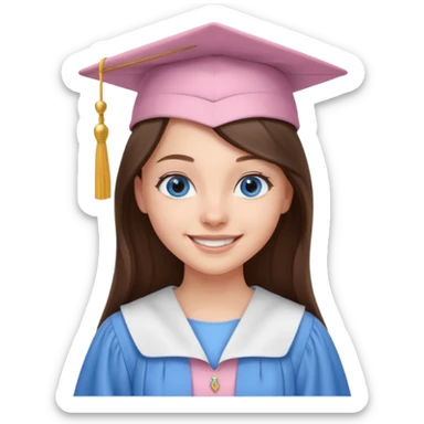 young brunette girl long hair, blue eyes and light pink gown and cap university graduate sticker