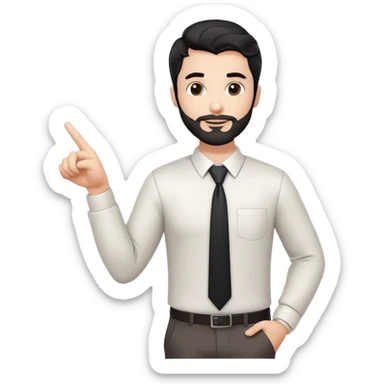 Professional 35-year-old man with black wavy hair, stubble, strong jawline, white skin tone, wearing smart casual business attire, standing and pointing at a presentation chart, teaching pose sticker