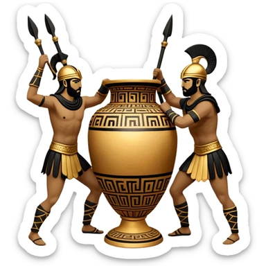 Cinematic-realistic Grecian urn, an exquisite black-figure pottery masterpiece resting in the dim glow of an ancient temple. Intricate golden depictions of two warrior fighting with spears and warriors encircle its curved form, telling timeless myths of heroism and tragedy.  sticker
