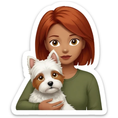 Westhighland white terrier dog being held by woman with dark shoulder length red hair and hazel eye wearing olive green top sticker