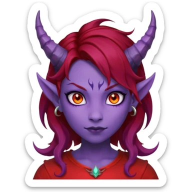 Demon Girl Purple Skin Dragon Horns Black Eyes Red Glowing Pupils Auburn Haired Red Shirt  sticker