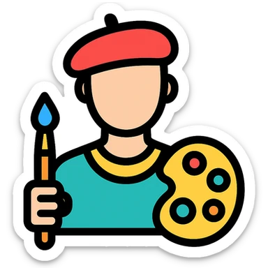 artist icon with beret paintbrush and palette, clean and modern style sticker