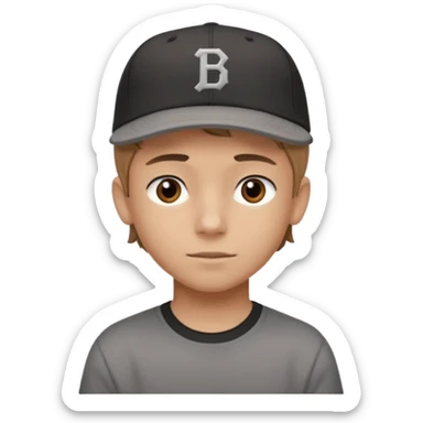 Create a teen boy wearing a faded black T-shirt. He will have light brown hair that is buzzed, tan skin, and dark brown eyes. He is wearing a gray baseball hat turned backwards. sticker