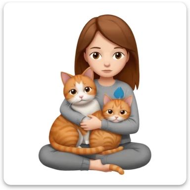 a sad brunette woman with straight hair sitting on the floor, holding a ginger cat in her lap sticker