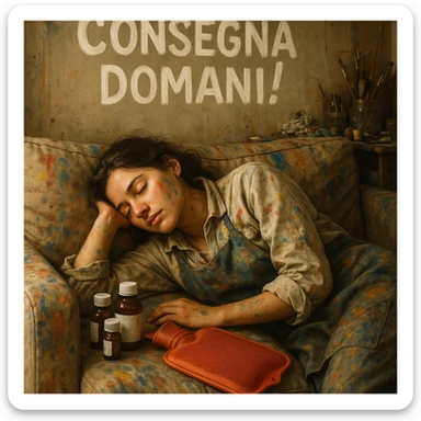 Young artist sleeping deeply on a paint-stained sofa, above her head the Italian text 'Consegna domani!', medicine bottles and hot water bottle next to her as supplies, chaotic and creative atmosphere, hyperrealistic 4K details, Italian text. sticker