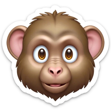 Cinematic Cute Baboon Portrait Emoji, Head tilted playfully and inquisitively, featuring a vibrant Fur of earthy browns with expressive, round, sparkling eyes filled with curiosity, Simplified yet irresistibly adorable features, highly detailed, glowing with a warm, friendly glow, high shine, affectionate and spirited, stylized with a touch of urban whimsy, bright and endearing, soft glowing outline, capturing the essence of a mischievous yet loving baboon, so playful it feels like it could leap out of the screen and into your arms! sticker
