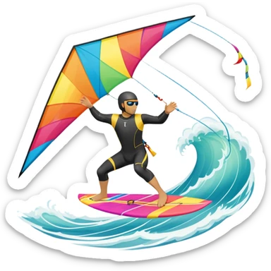 the sun shining and the ocean's waves splashing around. A kite surfer gliding across the ocean, with a colorful kite soaring high in the sky and the surfer carving through the waves. The scene captures the energy and freedom of the sport sticker