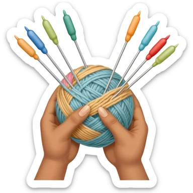 hands holding 2 knitting needles (1 on the right hand and another one on the left hand) with a ball of knitting thread (without a person's face) sticker