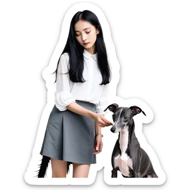 Slim Chinese girl with long black hair petting completely dark grey Italian greyhound with absolutely no white markings anywhere sticker