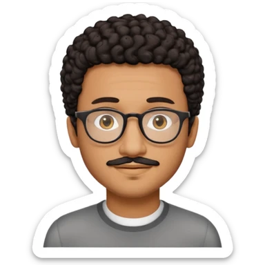 A friendly person with medium-brown skin, large warm brown eyes, thin rectangular glasses, a short mustache and small goatee, black short curly hair. Rounded face, calm slight smile. Head-and-shoulders emoji style, bold outlines, simple shapes, bright colors, transparent background. sticker