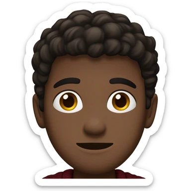 dark hispanic boy, tight to the head black brown hair, brown eyes, brown jacket, burgundy sweater sticker