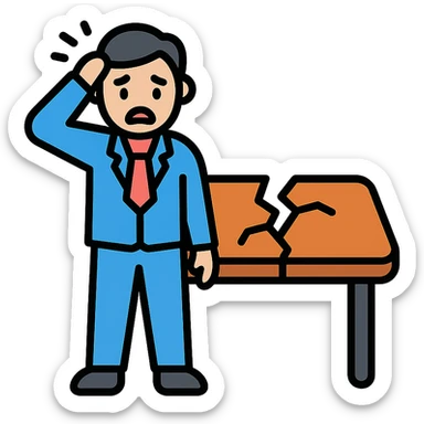a business person standing by a shattered conference table, minimal background, expressive pose, icon style sticker