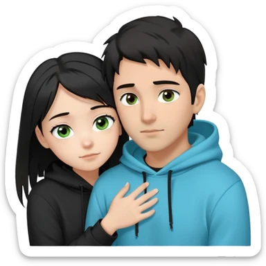 “A dark-haired Latino guy with brown eyes, wearing a black hoodie and a short fringe falling forward, is hugging a very pale, black-haired girl. Only her face is visible — she has greenish-blue eyes and a ponytail, with two strands of hair framing her cheeks.” sticker