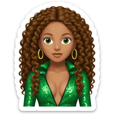 Mel B from Spice Girls with long brown curly hair, green sequin outfit sticker