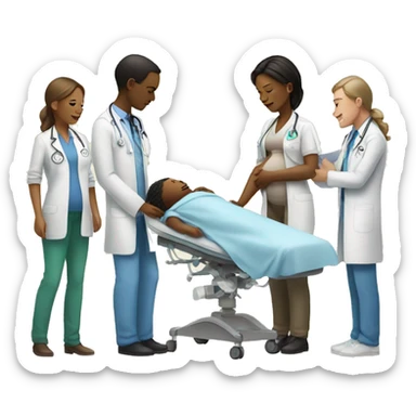 a woman gives birth and doctors stand nearby sticker