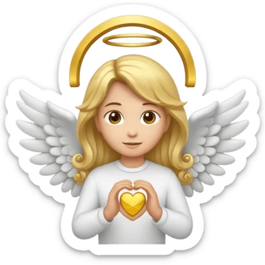 "Um emoji de anjo com cabelos loiros, um halo, asas, segurando um sinal de 'compartilhar' em letras em negrito." sticker