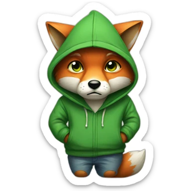 A sad fox with one eye and a green hoodie sticker