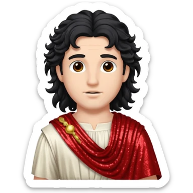 Adonis, God of Beauty from Roman Deities with long black wavy hair, red sequin toga sticker