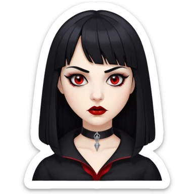 pale woman with black long straight black hair red sleepy eyes with black eyeliner black lipstick vampire teeth straight short bangs serious expression with thin black eyebrows nose piercing black clothe  sticker