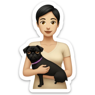Lesbian woman Black short hair causacian sking hugging a pug color beige sticker
