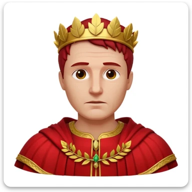 Julius Caesar wearing a red robe and laurel wreath, realistic 3D art style, white background sticker