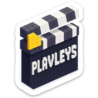 voxel style movie clapperboard with the text 'PLAVLEYS', black body, white lid, isometric view sticker