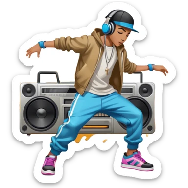 Icon for Street Dance: a dancer in urban streetwear performing a dynamic lower breakdance move, with a spray-painted background, headphones, and a boombox on the asphalt. The icon should capture the energy, style, and creativity of street dance culture. Transparent background. sticker