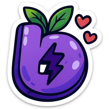 plump vibrant Boosty logo cartoon style purple 'b' with lightning bolt cutout bold outline expressive shadows glossy highlights no background decorated with both leaves and hearts sticker