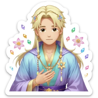 Beautiful gorgeous romantic blushing youthful handsome anime guy with beautiful iridescent-pastel-whitish-special-medium-long-hair, fashion aesthetic, ethereal, fairycore, pastelcore, flower petals, crystals, layered robes, accessories, jewelries, gold, colorful, shiny, trending style, outside sticker