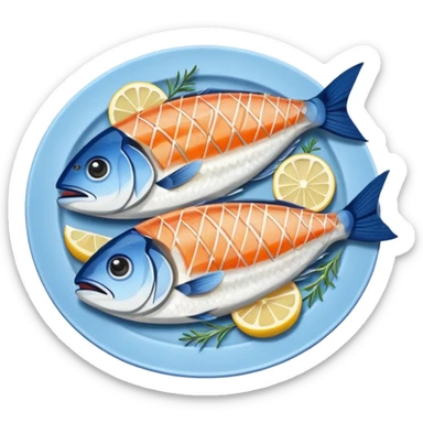 Fish dishes avatar in bright emoji-style illustration. Grilled fish, fillets, and seafood, blue and silver tones, simple shapes, flat design, fresh and flavorful. sticker